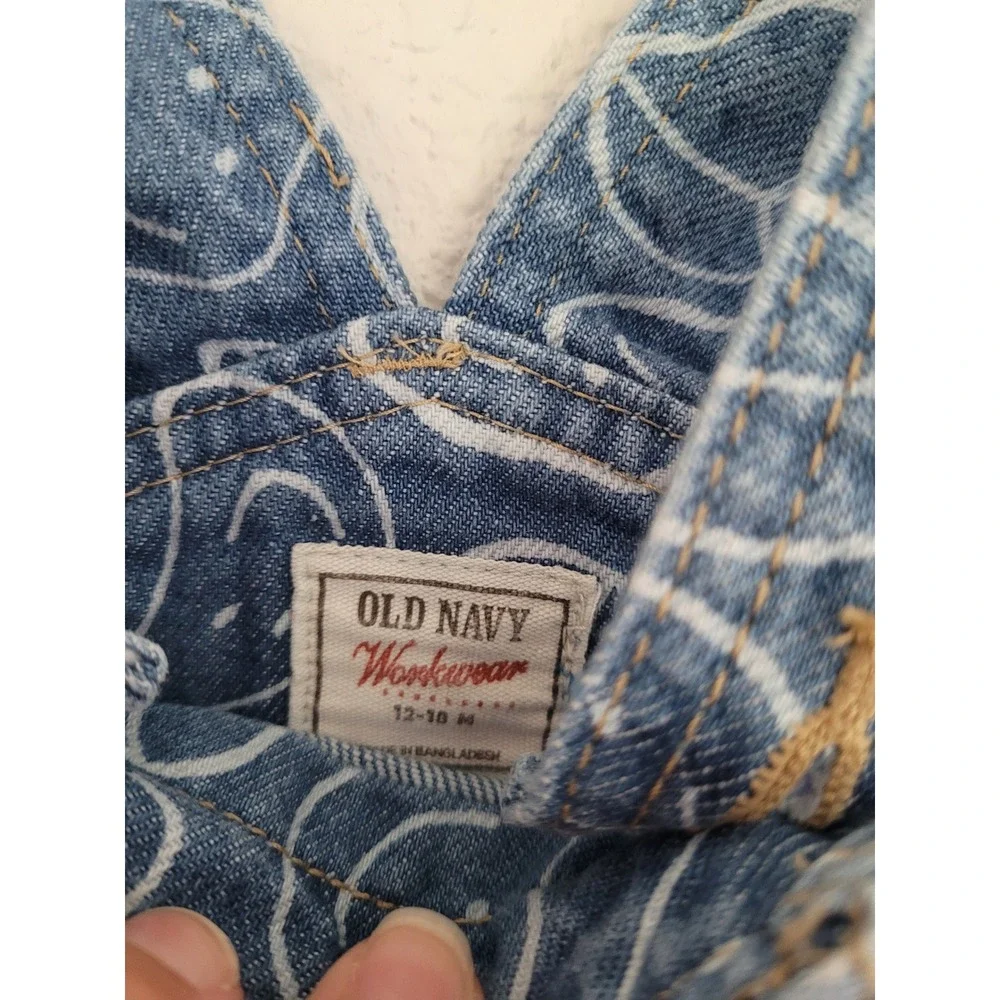 Old Navy Workwear Baby Blue Denim Smiley Face Peace Sign Overalls 12-18 M #8